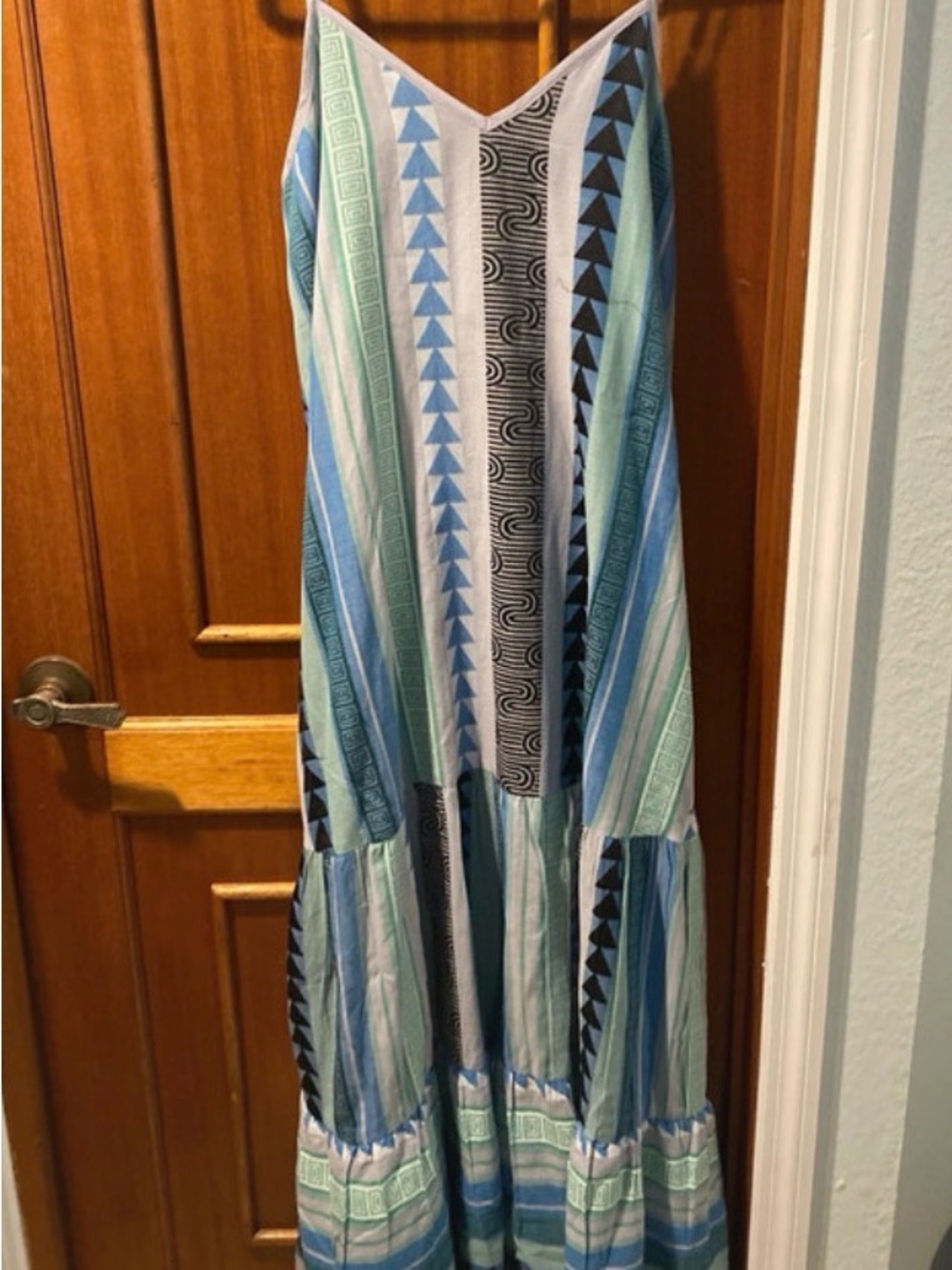 Elan Blue & Mint Striped Geometric maxi dress